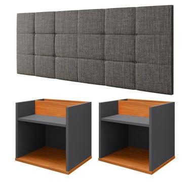 Imagem de Kit 2 Mesinhas Suspensa Madri Nicho Divisória Retrô Cabeceira Bia 1,40 Estofado Linho Cama Box Casal Quarto - Cinza/Cinamomo