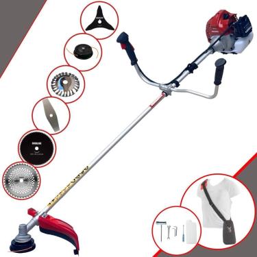 Imagem de Máquina de Cortar Grama À Gasolina Kawashima BCJ521L 52cc 2,5HP 10.000rpm Roçadeira Com Carretel Nylon + 4 Lâminas de Cortes + Escova de Aço 24 Cerdas