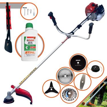 Imagem de Cortador de Grama À Gasolina Kawashima BCJ521L 52cc 2,5HP 10000rpm Roçadeira Lateral 6 Em 1 Com Carretel + Kit 4 Facas + Escova de Aço + ÓLEO STIHL 2T