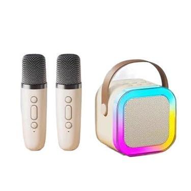 Imagem de Caixinha De Som Karaokê Infantil Bluetooth Com 2 Microfones Sem Fio Led Portátil Cor Bege