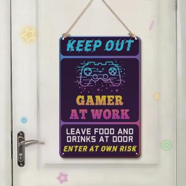 Imagem de Decoração de quarto de gamer, presentes de gamer, decoração de quarto para meninos e adolescentes, placas de metal, placas de manter fora por seu próprio risco, aviso, 20 x 30 cm, acessórios para