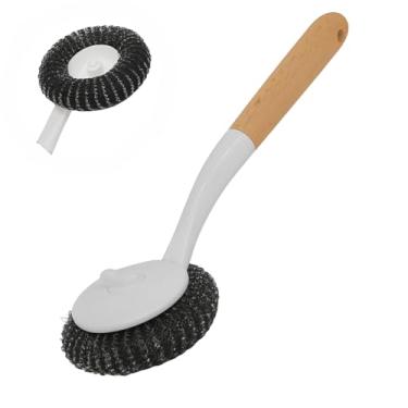 Imagem de Escova de Limpeza de Aço Bombril Inox com Cabo de Madeira – Esponja Redonda Multiuso 27x9cm para Panelas, Fogão e Utensílios