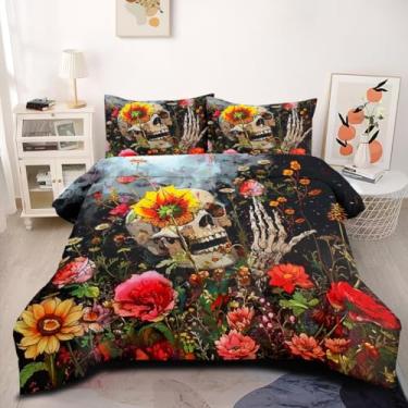 Imagem de CCoutueChen Conjunto de edredom de caveira gótica, tamanho Queen, flores de terror para mulheres adultas com 2 fronhas/90 x 90