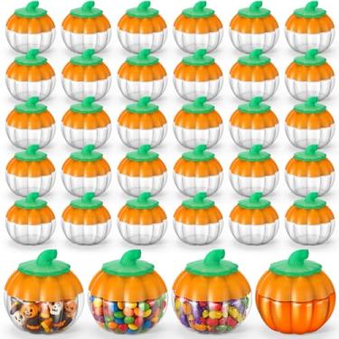 Imagem de Baderke 30 frascos de abóbora de plástico de 200 ml com tampas, pote de doces de abóbora de Halloween, recipientes pequenos para biscoitos, frascos de poção transparentes para beber, presente, arte de