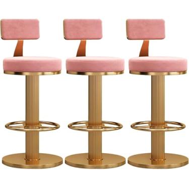Imagem de Bancos de bar modernos, conjunto de 3 tamboretes giratórios de veludo, cadeiras de bar com altura do balcão, altura ajustável para casa, bar, cozinha, cadeira de ilha, rosa dourado