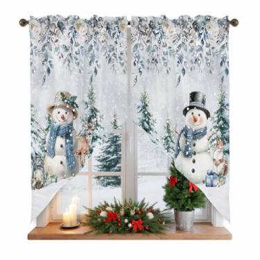 Imagem de Cortinas de Natal para janelas, cortinas de cozinha, boneco de neve, veado, saia curta com bolso para varão para sala de estar, quarto, Natal, poinsétia, flor, azul, 183 cm L x 91 cm, 2 painéis