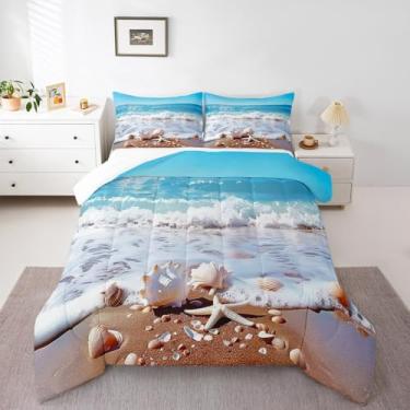 Imagem de Conjunto de edredom de praia marítima, tropical costeiro, 3 peças, para decoração de quarto de crianças, meninas, meninos, mulheres, concha, estrela-do-mar, edredom com ondas, 2 fronhas