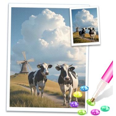 Imagem de MOER SKY Kits de arte de diamante para adultos, vacas pastorais, cenário, caminho, moinho de vento, kits de pintura de diamante para adultos iniciantes, pintura de diamante sem moldura, artesanato