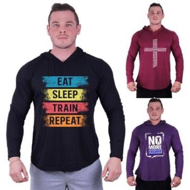 Imagem de Kit 3 Camisetas Manga Longa com Touca Longline Estampada Treino Academia Lazer Casual-Masculino
