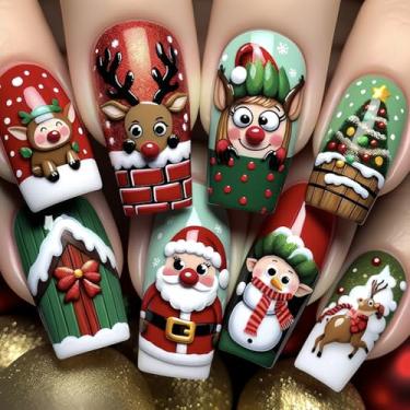 Imagem de RIICFDD Unhas Postiças De Natal, Caixão Longo, Vermelho, Verde, Fofas, Papai Noel, Alce, Bastão, Árvore Boneco Neve, Cola Acrílico Cobertura Total Para Mulheres, Arte Unhas, 24 Peças