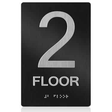 Imagem de Otoolling Placa de 2º andar com fita dupla face placa numérica de alumínio para porta 15 cm x 23 cm preto prata para casa apartamento escritórios porta de elevador