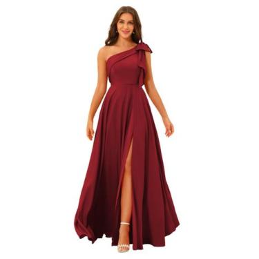 Imagem de Vestido de dama de honra BITALY One Shoulder, cetim, vinho tinto, linh