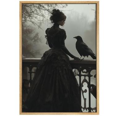 Imagem de Pintura de Corvo Escuro Imagem de Bruxa e Corvo Retrato de Mulheres Pintura de Bruxa Vitoriana Imagem de Corvo Moody Quadro Dark Academia Poster Preto Corvo Arte de Parede Vintage Tela de Halloween