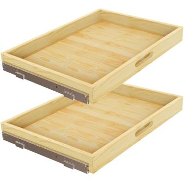 Imagem de 2 conjuntos de organizadores de armário removíveis, prateleiras de armazenamento de gaveta de madeira deslizantes macias para cozinha, organização de armário de base para despensa, acabamento