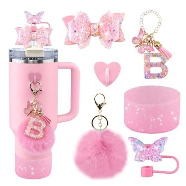 Imagem de Conjunto de 6 peças de acessórios de copo Stanley rosa - tampa de cobertura de palha de borboleta, laço brilhante para canudo, bota de silicone brilhante, pingente de letra e pompom para copos satnley