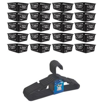 Imagem de Kit 20 Cestos Organizador Médio Preto + 20 Cabides Infantil