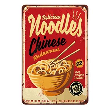 Imagem de Placa de lata de macarrão AOYEGO, estampa chinesa onda de comida fresca tigela listrada restaurante vintage placa de metal para cafés bares Pubs loja parede decorativo engraçado retrô placas para homens mulheres 20,32 x 30,48 cm