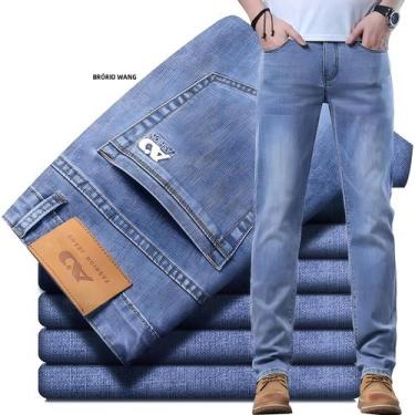 Imagem de Calças Jeans Slim Fit Em Denim Azul Claro Para Homens, Clássicas E Cas