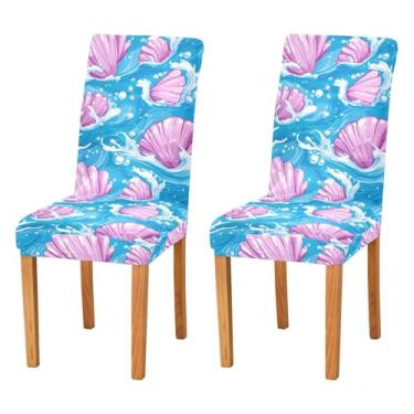 Imagem de Wassud Capas de cadeira de jantar elásticas para cadeira de cozinha com conchas e protetores de assento laváveis, conjunto de 2