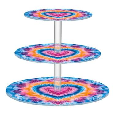 Imagem de CEBUGI Suporte de cupcake de 3 camadas, padrão tie-dye, suporte redondo para bolo, torre, bandeja de servir em camadas de acrílico para chá, chá de bebê, casamento e mais