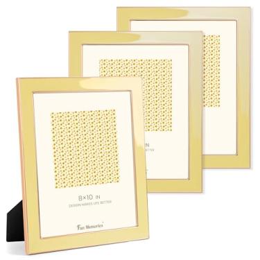 Imagem de Fun Memories Porta-retrato 20 x 25 cm – 3 peças de moldura de vidro esmaltado amarelo com borda de metal dourado e cavalete para exibição em bancadas, mesas, estantes, mesas e paredes (amarelo/dourado