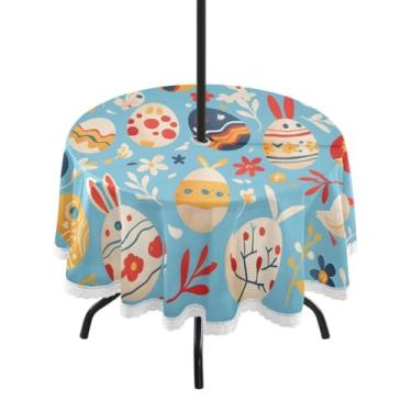 Imagem de CEBUGI Toalha de mesa redonda para uso ao ar livre, ovos de Páscoa, impermeável, com orifício Umberlla, capa de mesa lavável para pátio, cozinha, sala de jantar, 152 cm