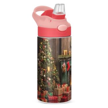 Imagem de YETTASBIN Garrafa de água para lareira de árvore de Natal para crianças, 340 g à prova de vazamento, parede dupla, isolada, garrafa de água de aço inoxidável, copo de viagem com tampa de canudo para