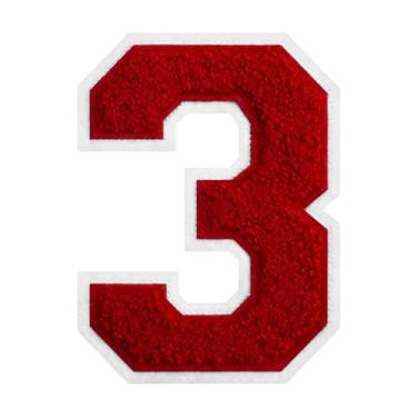 Imagem de 1 peça de patch de número de chenille vermelho de 15 cm com borda branca – adesivos do alfabeto para roupas, jaquetas, mochilas, chapéus para decoração personalizada, nome personalizado e artesanato