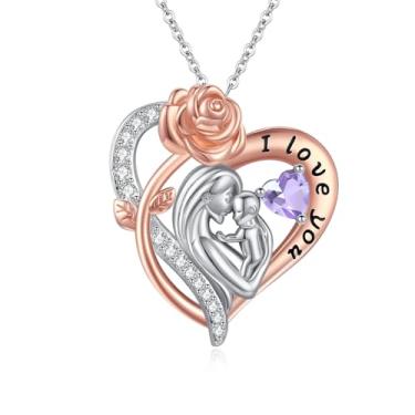 Imagem de WYDDO Colar com pedra do mês de nascimento para mãe e filho, pingente de coração amor I Love You Mom Jewelry Gifts for Grandmother Women Wife Her, 1.1" x 0.98, Base, Zircônia cúbica