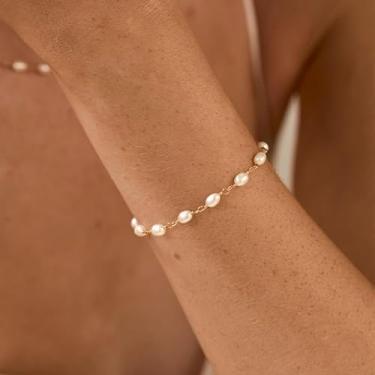 Imagem de Pulseiras de pérolas douradas para mulheres, corrente de contas, delicada, moderna, joias, roupas de férias, presentes de amizade para mulheres, presentes de Natal, dia dos namorados, Medium, Latão