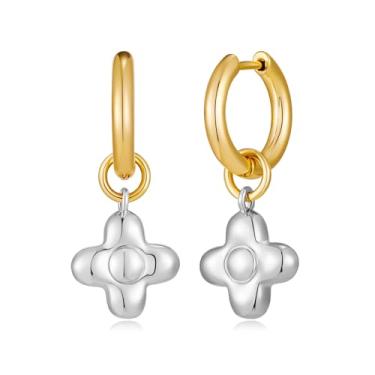 Imagem de HolidayQbee Brincos de argola banhados a ouro e prata para mulheres, brincos de trevo delicados, joias fofas, hipoalergênicos, Natal, férias, flores, brincos de pressão, Latão, Sem pedra preciosa