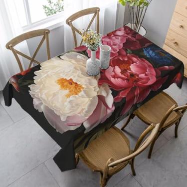 Imagem de ZTPOWQA Toalha de mesa de jantar com estampa de peônia de jardim, 89 x 139 cm, retangular, impermeável, reutilizável, festa de jantar