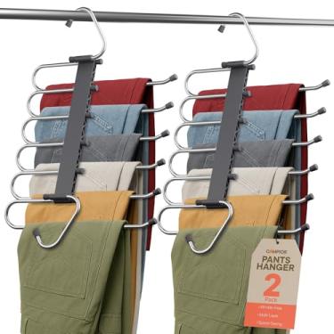Imagem de Campior Pacote com 2 cabides para calças que economizam espaço, 6 camadas de jeans e organizador de armário para jeans, cachecóis e saias, cabide multicamadas com rolha antiderrapante, aço inoxidável