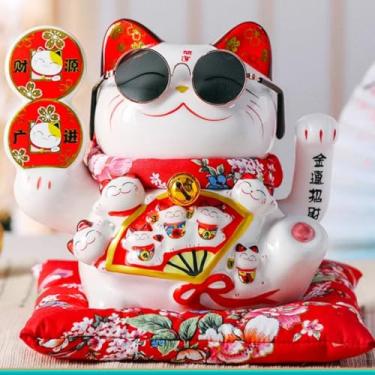 Imagem de FENNYYAR Ornamento de cerâmica branco gato da sorte braço ondulado, 18 cm, abertura de loja, presente de decoração de casa