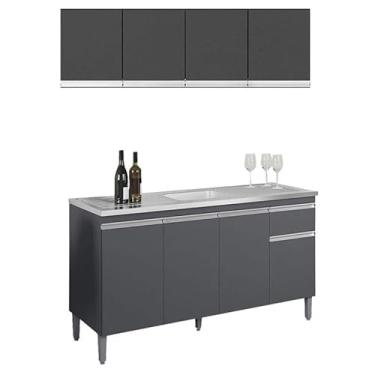 Imagem de Balcão de Pia Tatiane 145 cm e Armário AÃ:copyright:reo AndrÃ:copyright:ia 4 Portas 150 cm Cinza Fosco - AJL