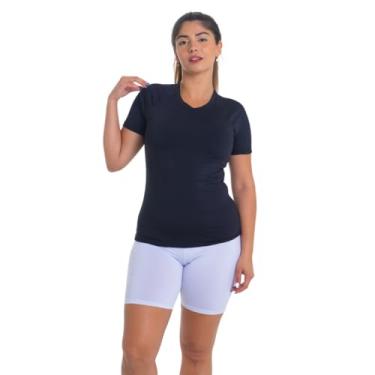 Imagem de Conjunto Feminino Camiseta Curta e Bermuda Térmica Segunda Pele Trygg Proteção UV50 Fitness Academia (G, Preto - Branco)