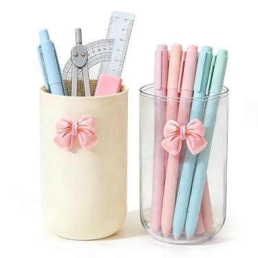 Imagem de MWRDSM Pacote com 2 porta-lápis de acrílico para mesa, organizador de lápis transparente com laço, porta-pincéis de maquiagem, copo de mesa, organizador de papelaria para escritório, escola