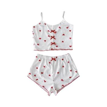 Imagem de Conjunto De Pijama Feminino Com Estampa De Coração, Top Cami E Shorts 