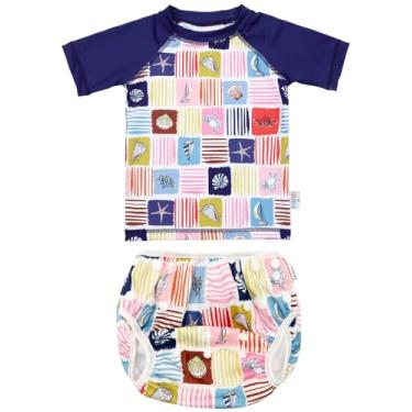 Imagem de ALVABABY Roupa de banho para bebês, roupa de banho infantil de manga curta, fralda reutilizável para bebês com blusa combinando para meninos e meninas, Conchas e azul escuro, 1-3 Anos