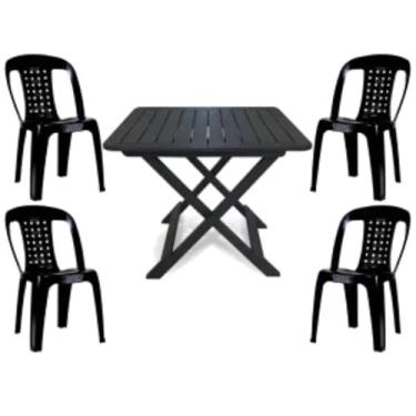 Imagem de Mesa Quadrada Dobrável 80x72cm Preta + 4 Cadeiras Empilhável