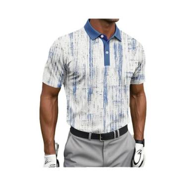 Imagem de Camisa Polo Masculina Azul Abstrata Em Tricô Waffle De Manga Curta Com