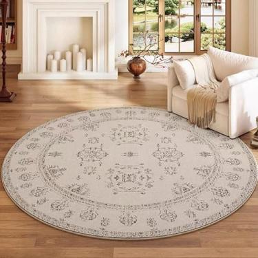 Imagem de Poowe Tapete redondo para sala de estar - 2,6 m, lavável, neutro, moderno, abstrato, macio, circular, para uso interno, tapete antiderrapante para quarto, embaixo da mesa de jantar, decoração de