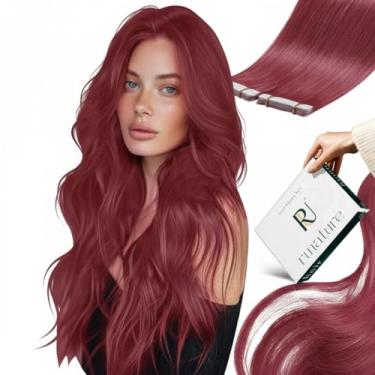 Imagem de RUNATURE Extensões de cabelo humano real com fita adesiva para cabelo humano vermelho bordô, fita adesiva dupla face de poliuretano em extensões para mulheres, extensões de cabelo humano Remy sedoso