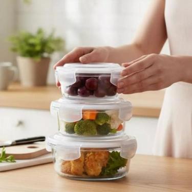 Imagem de Conjunto 3 Potes Vidro Vasilha Marmita Recipiente Conserva Armazena Gu