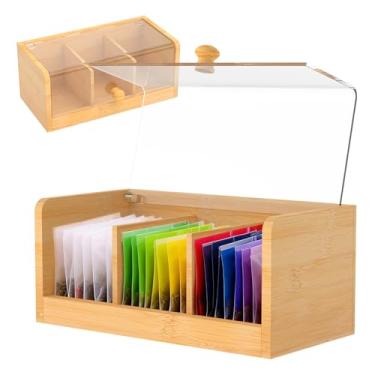 Imagem de Organizador de saquinhos de chá de bambu com 3 compartimentos com tampa transparente de acrílico, caixa de chá para saquinhos de chá, suporte de saquinhos de chá para chás de ervas, açúcar, café