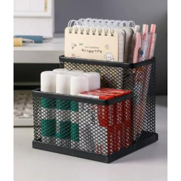 Imagem de 2 porta-canetas de malha, organizadores de mesa, 2 compartimentos, organizador de material de escritório de metal com suporte de notas adesivas para escritório