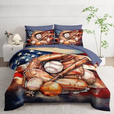 Imagem de Smell Sunshine Jogo de cama com estampa de beisebol e luva de beisebol com bandeira americana, 7 peças, com 1 edredom, 1 lençol de cima, 1 lençol com elástico e 4 fronhas para quarto de meninos e