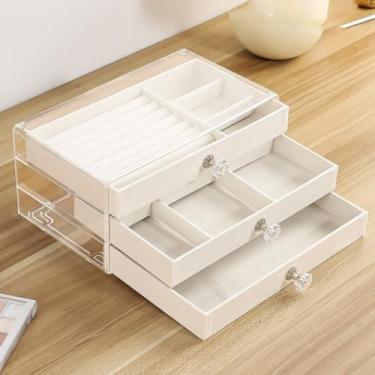 Imagem de Porta Joia Acrílico Com 3 Camadas Brinco Anel Compartimento caixa de armazenamento de jóias(BEGE)