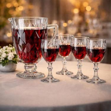 Imagem de Jarra de Vidro Diamond 1,3L + 4 Taça 320ml Transparente Kit Suco água 