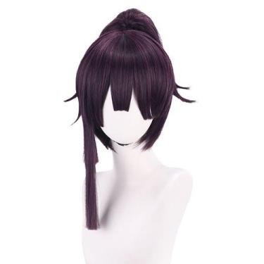 Imagem de Peruca de cosplay genérica roxa curta Bob com rabo de cavalo espetado 
